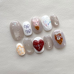 pukkuriicechan🥨【動物アイスネイル】ネイルチップ くま うさぎ ハート マグネット チェック ゆるかわ ガーリー 大人可愛い
