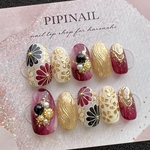  【現品ネイルチップ】⭐︎レギュラーオーバル⭐︎Ｍサイズ⭐︎菊　えんじ色　黒　白　ゴールド　ミラーネイル　パール　手描きの和花　成人式ネイル　振袖ネイル　袴ネイル　ブライダル