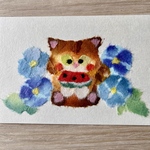 原画　「夏のメルヘン猫 ～朝顔とスイカ～」ちぎり絵ポストカード　夏インテリア