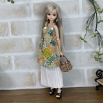 NO,651リカちゃん服  パイナップル　ミニキャミワンピース　白いプリーツスカート　夏のオシャレコーデ