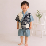 【Mサイズ（100〜110）】キッズ甚平（トリカラー花柄濃紺ベージュ）B