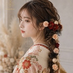 椿髪飾り　卒業式　つばきレッド　袴　振袖　成人式　ヘアドレス　ヘアパーツ　プリザーブドフラワー　ドライフラワーフラワー　水引　金箔