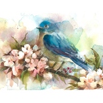 水彩画 原画 青い鳥と花