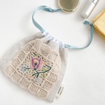 『小さなリネンのアンティーク巾着』　　　　　　　　　　　紅茶染め　刺繍　小物入れ　化粧ポーチ　