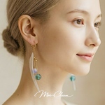 Goose feather＊cotton candy＊Blue green チェーン イヤリング／フープイヤリング／ノンホールピアス ／ピアス