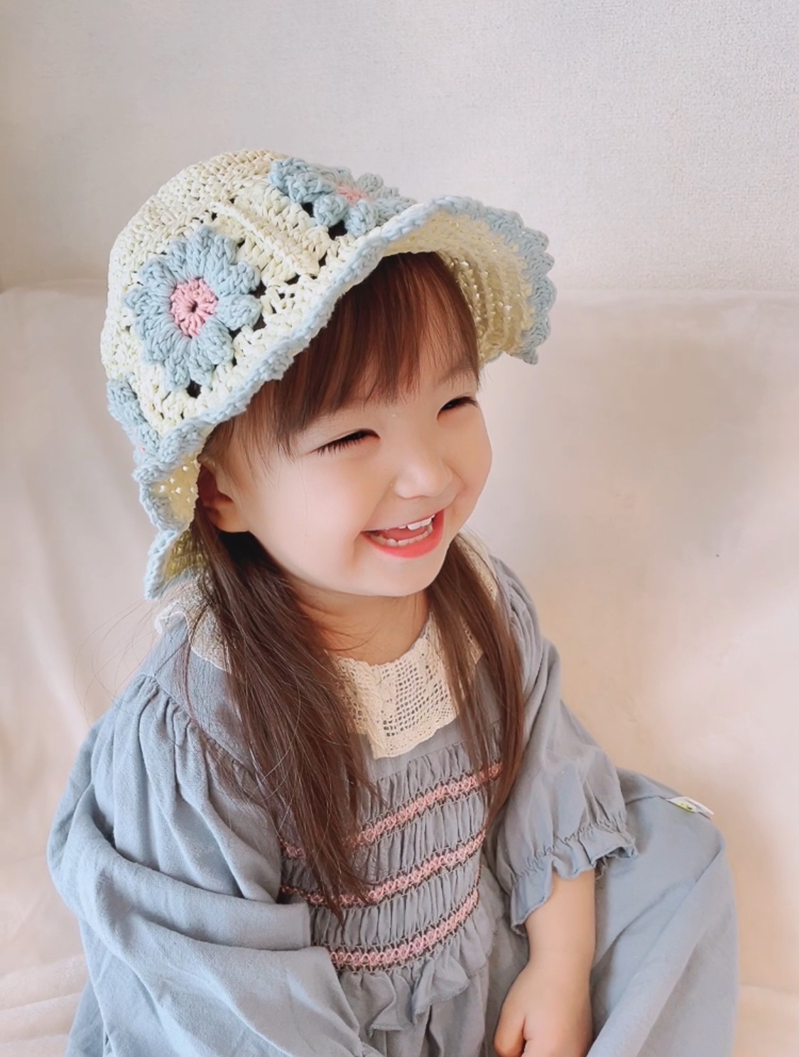麦わら帽子 かぎ針編み コットン毛糸 キッズ帽子 キッズハット