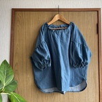 natural**柔らかWガーゼ首紐ブラウス**デニム調ブルー