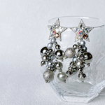 ♡40【再販】2way シルバー ビジュー スター コットンパール じゃらじゃら 大ぶり アシンメトリー ハンドメイド ピアス イヤリング