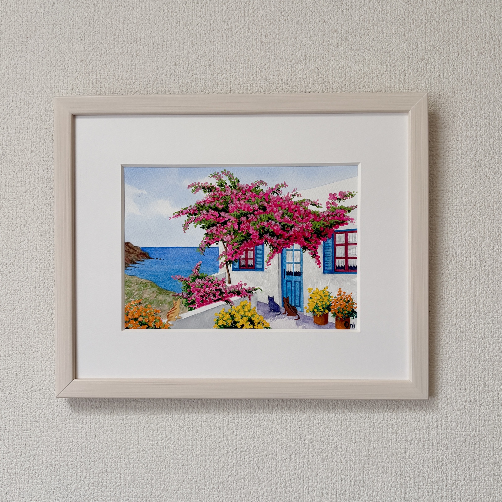透明水彩画 原画 「エーゲ海とブーゲンビリア05」 額縁付き SMサイズ