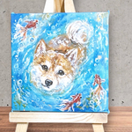 柴犬の夏　　小さい絵　ミニアート　アクリル画