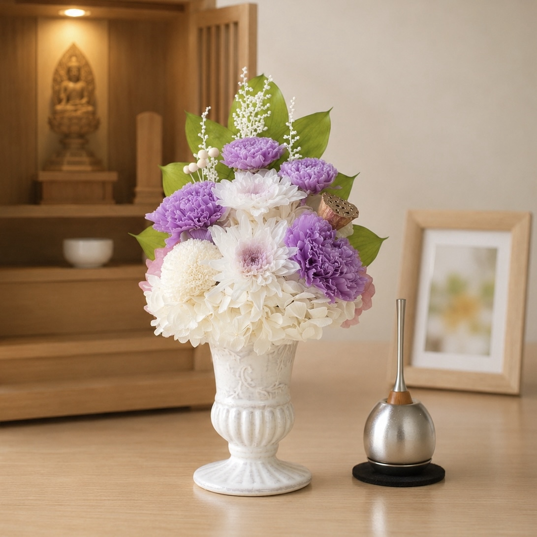 紫ことね菊の気品あるお供え花（クリアケース入り）