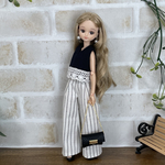 NO,655リカちゃん服  リネン　ストライプ　ワイドパンツ　Vネック　ブラックトップス　夏のお出かけコーデ　リアルクローズ