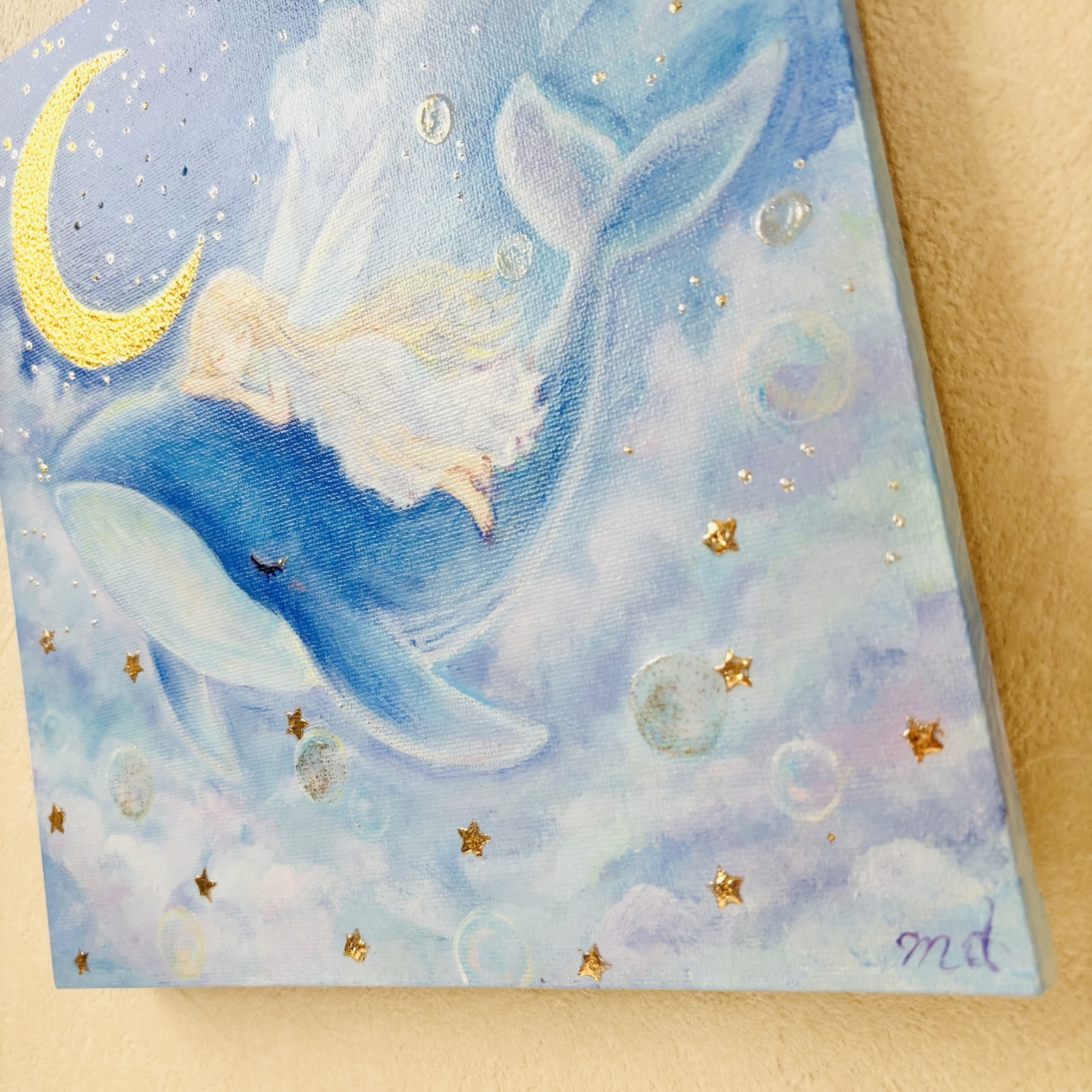 月夜に眠る天使とクジラ｜テクスチャーアート原画｜幻想的なアクリル画