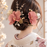 ホワイトとローズピンクダリアの桜髪飾り