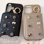 iPhone17 iPhone17e 16pro iPhone15 14 カメリアリボン レザー スマホショルダー スマホケース ストラップ カード入れ ロングストラップ