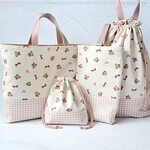 お揃い🧸🎀♡入園入学4点セット【受注製作】韓国風くま柄　ギンガムチェック　ピンク　女の子　レッスンバッグ　上履き入れ　体操服袋　給食袋　巾着袋　キルティング　サイズオーダー　幼稚園
