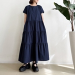 半袖大人ティア―ドワンピース　* Cotton 素材  Cotton 素材 濃紺のストライプ柄 *　