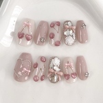 pink cherry🍒さくらんぼ　ネイルチップ　ガーリー　ワンホン　韓国　夏　マグネット　うるうる　ハート　ピンク　リボン　埋め尽くし　薔薇　ローズ　ビジュー　推し　マグネットネイル