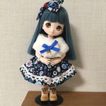 オビツ11サイズ　モチーフ付きファーケープ/青の花柄ストライプ