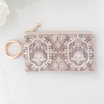 透け感を楽しむカラビナ付き12cmポーチ｜モーヴベージュ×花刺繍｜【紫がふわりと香る】インド刺繍リボン ミニポーチ キーケース 小物入れ 目薬ケース プレゼント