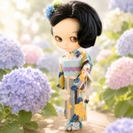 SALE【浴衣 青】☆夏のお着物☆ブライス　アウトフィット☆着物☆椿☆ネオブライス☆1/6ドール着物☆縞模様☆金魚＆髪飾り付き