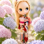【浴衣 赤】☆夏のお着物☆ブライス　アウトフィット☆着物☆椿☆ネオブライス☆1/6ドール着物☆縞模様☆金魚＆髪飾り付き