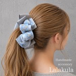 ふわふわグレー×アイスブルーフラワー刺繍リボン バナナクリップ バンスクリップ丨大人上品ヘアアクセサリー