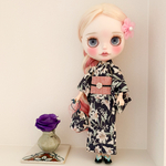 22cmドール用・艶やか浴衣セット・黒地に薄紅桜・sakura ・ブライス・リカちゃんサイズ・梅もも呉服店