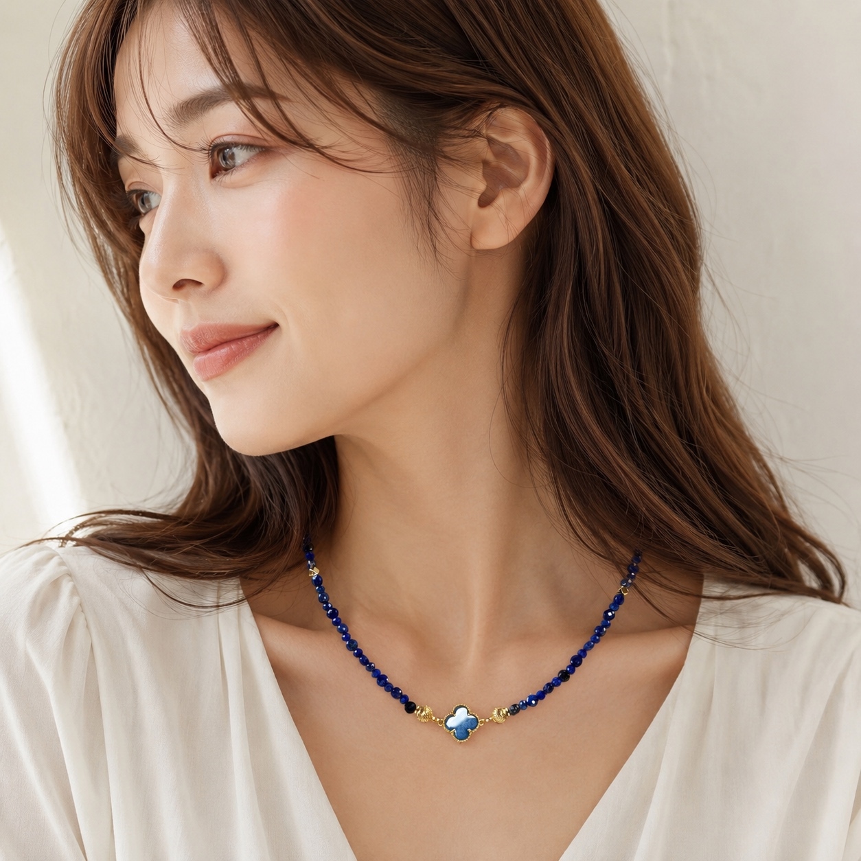 ブルーカルセドニーのクローバー×ラピスラズリ ネックレス／14kgf 