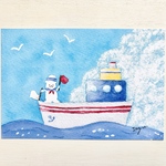 🐻‍❄️透明水彩画　2枚セット「しろくま水兵さん」イラストポストカード　夏　海　マリン　入道雲　船　暑中見舞いはがき 暑中はがき 残暑見舞い　残暑見舞いはがき　バースデーカード　トリコロールカラー