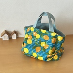 ＊ぽてっとタックbag  Mサイズ リバーシブル＊お散歩トート 🍋 おしゃれレモン 英字 ターコイズ×アクアグリーン