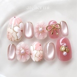 どんなお着物にもあう♡くすみピンクの和柄ネイルチップ*成人式 卒業式 和装　浴衣　ウェディング　ブライダルネイル　赤　花　和柄　振袖　水引き　マグネットネイル　リボン　袴