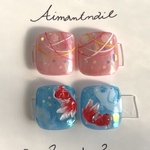 【現品】 夏祭りフットネイルチップ 金魚 ヨーヨー 3Dアート ハンドメイド 左右2番 3セット
