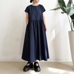 半袖サイドリボンワンピース　* Cotton素材 紺ストライプ柄 *
