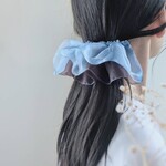 全3色｜ 大人のためのシュシュ見えバレッタ 晴れやかブルー　グラス♡オーガンジー バターイエロー＆ブラウン＆アイスブルー