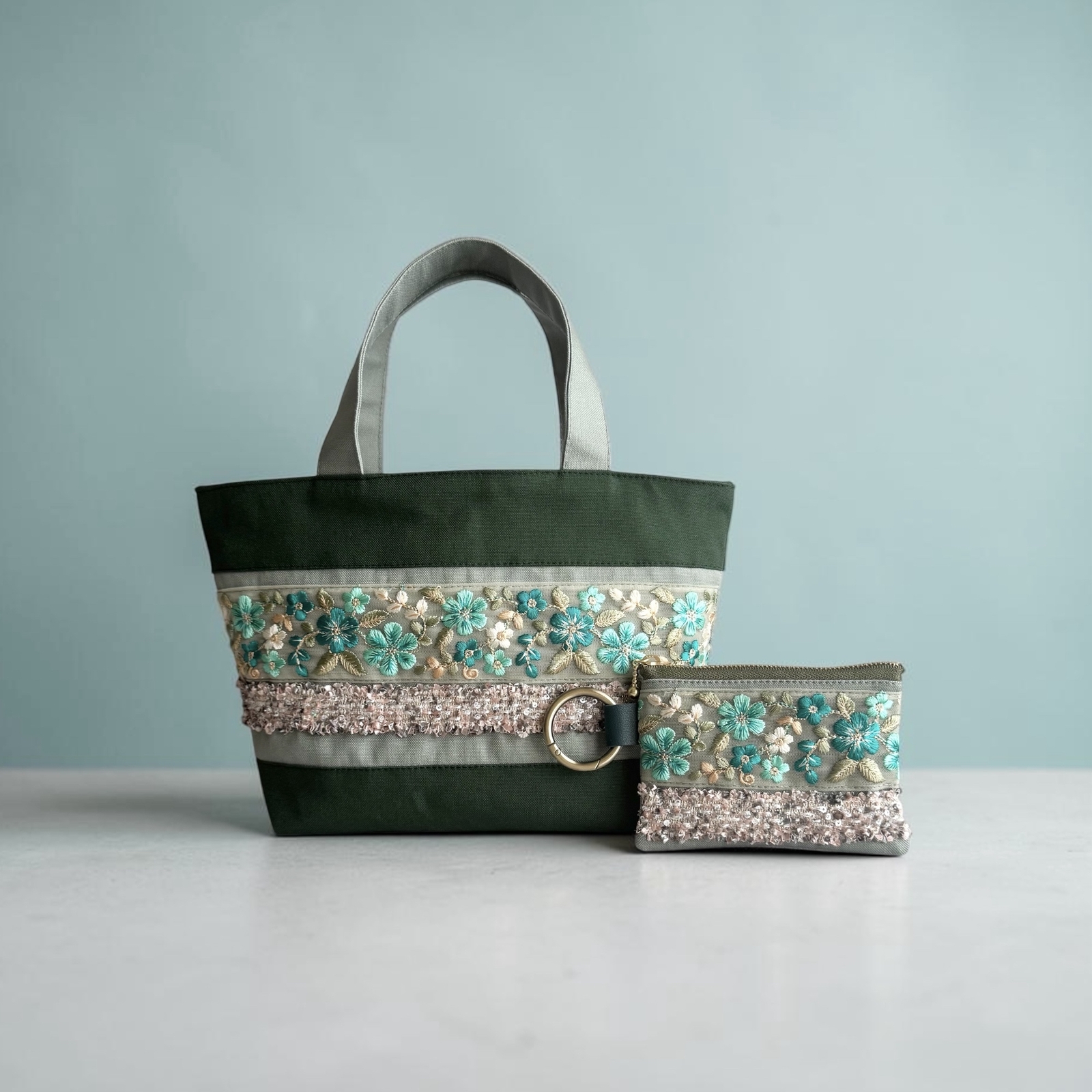 エメラルドグリーン/インド刺繍×帆布◆トートバッグ＆ポーチセット