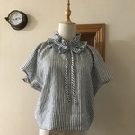 ベルギーLibeco社ストライプリネンで作ったで作ったギャザーフリル襟リボンブラウス
