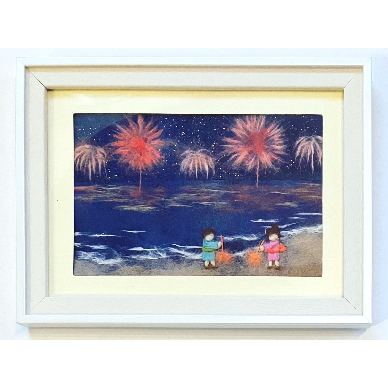 和紙ちぎり絵『花火を楽しむ子どもたち』葉書サイズ原画｜癒しのアート