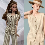 ポピーパーカー・バービー人形サイズ(ウエスト90㎜迄)のハンドメイドdoll服*ストライプ柄の袖なしパンツスーツ