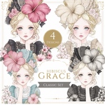 【Classicセット】chan.ce オリジナルステッカー　Hibiscus Grace 4種4枚入り 女の子　コラージュ　可愛い　　ハイビスカス　ドレス  モノトーン　セピア