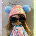 ピンクドットくま耳帽✖️丸サングラス【プチブライス　りかちゃん】おもしろい　イメチェンセット