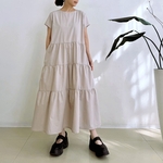 半袖大人ティア―ドワンピース　* Cotton 素材  ベージュとブラウンのストライプ柄 *　