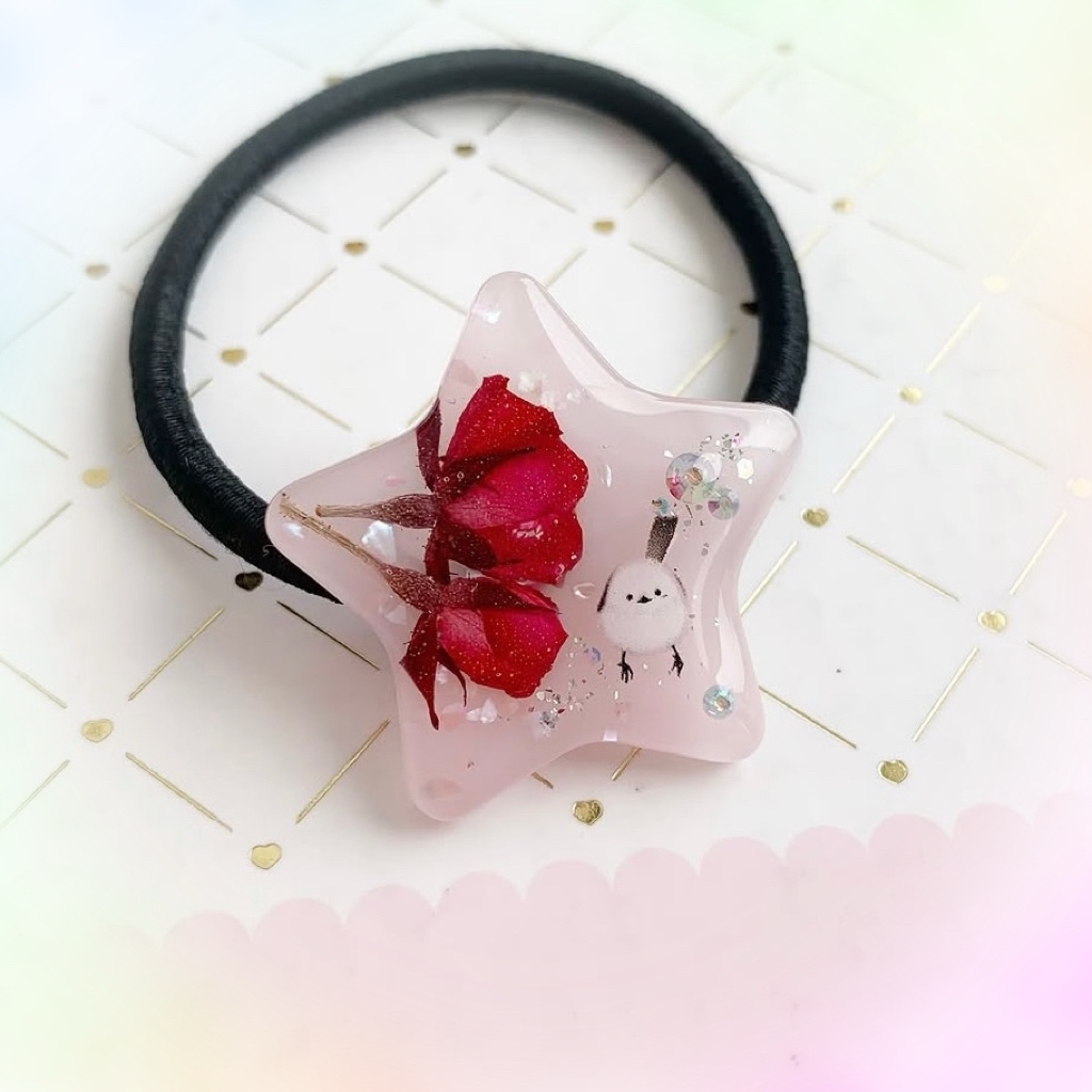 4343】シマエナガと紫陽花と鳥かご♡ 透け感ある桃色のハンドメイド