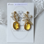 【 pierce / earring 】 上品な ガラス  チャーム × パール ピアス イヤリング / はちみつ イエロー 