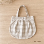 リネンまるいトートバッグ　生成り　チェック　linen tote bag