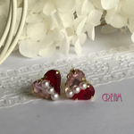 ＊ビジューとパールのハートピアス＊クリアーピンク&レッド