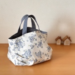 ＊ぽてっとタックbag  Mサイズ リバーシブル＊お散歩トート ネモフィラ アイボリー  デニムライク ヒッコリー風ネイビー