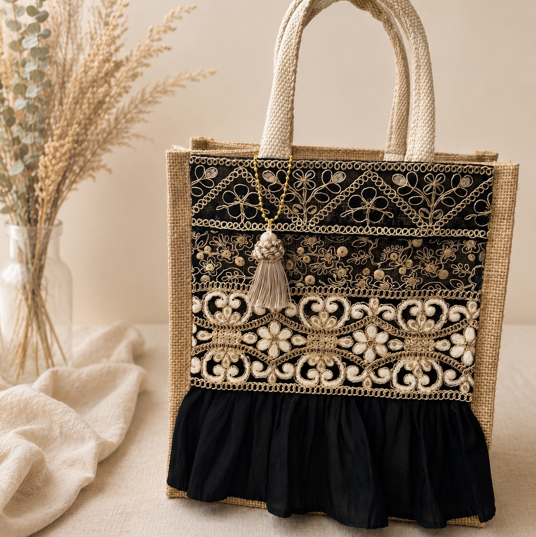 インド刺繍リボンのジュートバッグ｜フリル・タッセル付き｜ベージュ