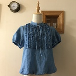 本藍染リネンで作ったスタンドカラーフリルブラウス