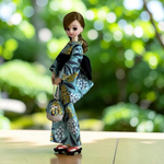 リカちゃん　浅葱色に大きめな花柄の浴衣と黒の帯のセット　巾着付き